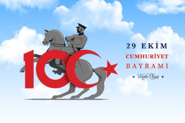 Türkiye Cumhuriyeti 'nin 100. yılı. (Türkçe: Cumhuriyetimiz 100 yanda) Türkiye Cumhuriyeti 100 yaşında. Vektör illüstrasyonu, poster, kutlama kartı, grafik, post ve hikaye tasarımı.