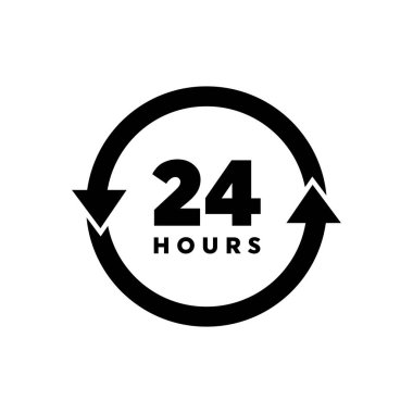 24 saat ok döngüsü simgesi, 24 saat döngü işareti, açık sipariş uygulaması veya teslimatı, tüm gün iş ve hizmet, Vektör tasarım illüstrasyonu