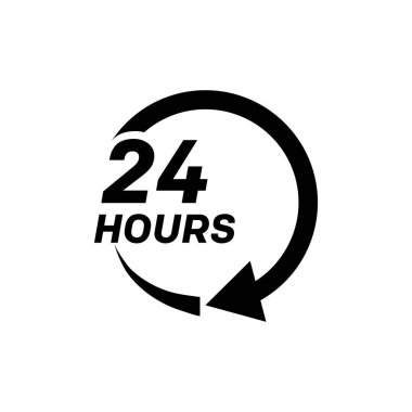 24 saat ok döngüsü simgesi, 24 saat döngü işareti, açık sipariş uygulaması veya teslimatı, tüm gün iş ve hizmet, Vektör tasarım illüstrasyonu