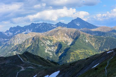 Kasprowy Wierch 'in zirvesine ve Kondracka geçidinden High Tatras' ın tepelerine bakın. Dağın yamaçlarında güzel bir ışık ve gölge oyunu.