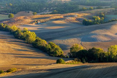 Tuscany, İtalya 'da kırsal alan, gün doğumunda..