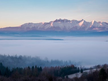 Sabahları peyzaj. Vadide sis var. Pieniny Dağları 'ndan Tatra Dağları' nın görüntüsü