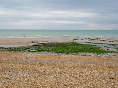 Audresselles ve Ambleteuse arasındaki deniz kıyısında. Balıkçı deniz balığı yakalıyor. Manş Denizi 'nin suları, La Manche Kanalı. Fransa.