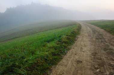 Mountain landscape. Country Road in Wola Krogulecka. Beskid Sadecki. Poland. clipart