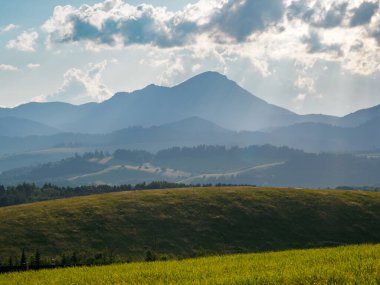 Dağ manzarası. Batan güneş tepelerin yamaçlarını aydınlatır. Hoczanskie Dağları manzarası. Zilina Bölgesi. Slovakya.