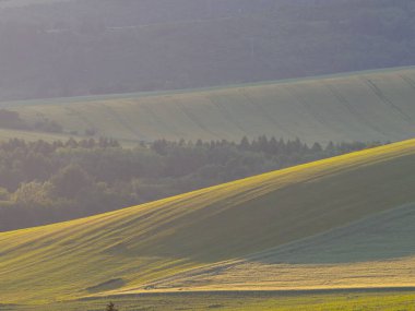 Dağ manzarası. Batan güneş tepelerin yamaçlarını aydınlatır. V Zilina Bölgesi. Slovakya.