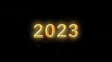 Siyah zemin üzerinde parçacıklarla 2023 meme animasyonu. Mutlu yıllar 2023, Soyut Parıldayan Parıldayan Parıltı Kartı. Mutlu noeller. Altın ve siyah