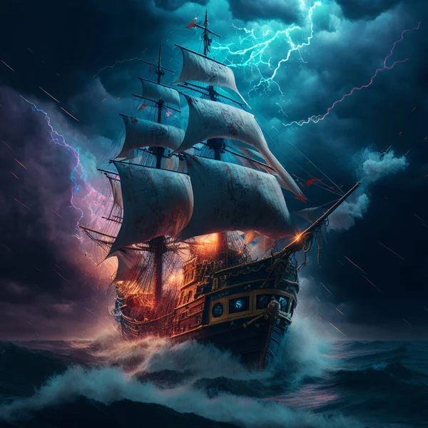 Pirate ship during a storm.