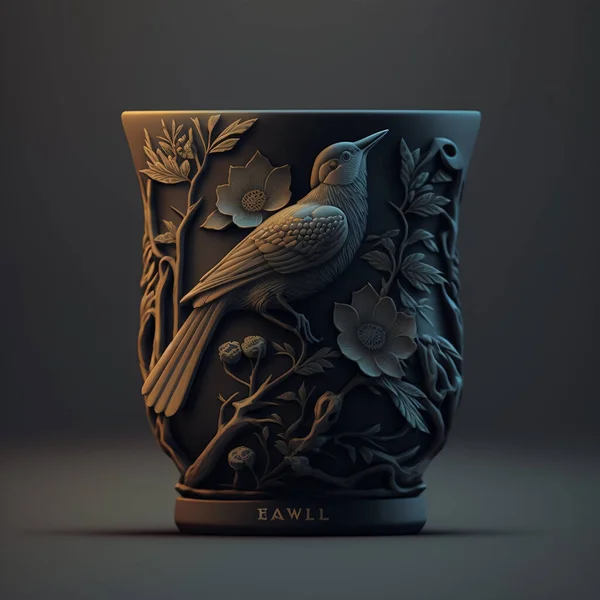 Clay cup with bird engraving