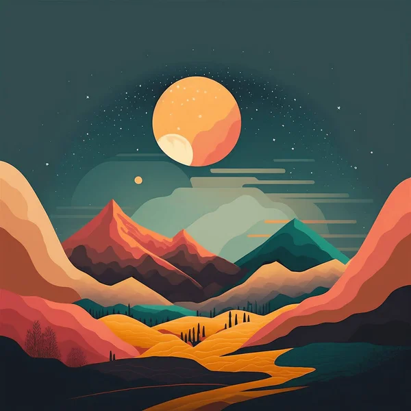 Art landscape with mountains moon and stars