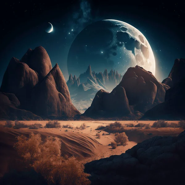 Landscape with mountains moon and stars
