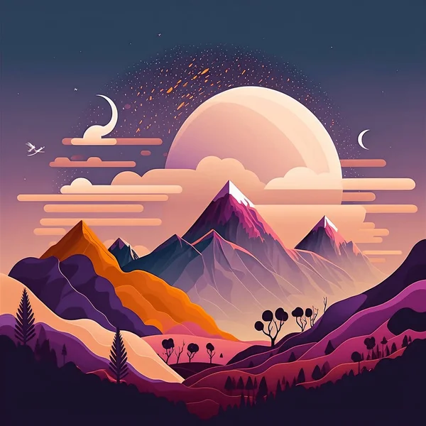 Art landscape with mountains moon and stars