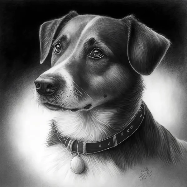 Dog Szpic drawn in pencil, black and white
