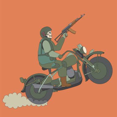 Askeri üniformalı bir iskelet elinde Kalaşnikof saldırı tüfeğiyle motosiklet sürüyor ve kaskında Z sembolü var.
