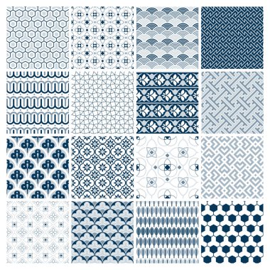 Set of 16 Geometric seamless patterns. Curves, Net, Waves Blue patterns on White Background