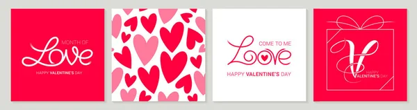 Happy Valentine Day Trendy Greeting Cards Red Background Abstract Square — Διανυσματικό Αρχείο