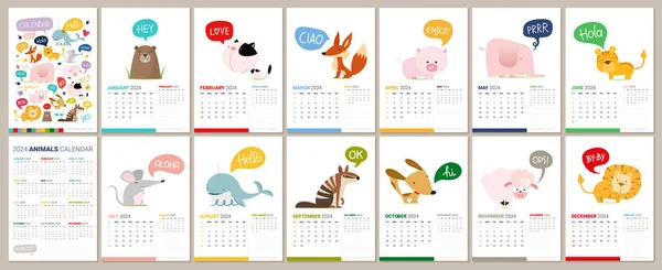 2024 Kalendarz Zwierzętami Ręcznie Rysowanymi Wektor — Wektor stockowy