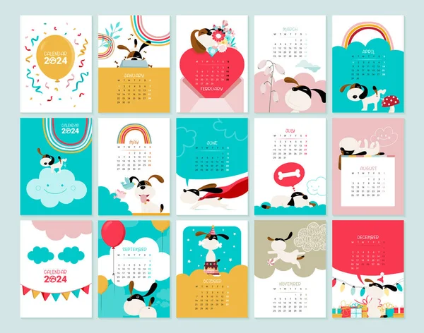 Calendario 2024 Con Cane Simpatiche Illustrazioni Vettoriali Complete — Vettoriale Stock
