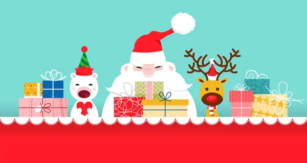 メリークリスマスと幸せな新年2023 かわいいサンタクロース 小さなクマ 鹿とたくさんのギフトボックスとの挨拶カード — ストックベクタ