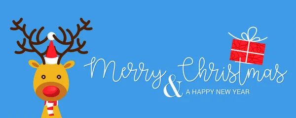 青い背景にかわいいトナカイ クリスマスの背景 バナー カード — ストックベクタ