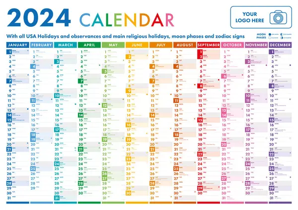レインボーカラーの毎月の垂直グリッドを備えた年プランナー2024カレンダー スケジュール イベント 休日のためのテンプレートプランナー ベクタービジネスオーガナイザー カレンダー — ストックベクタ