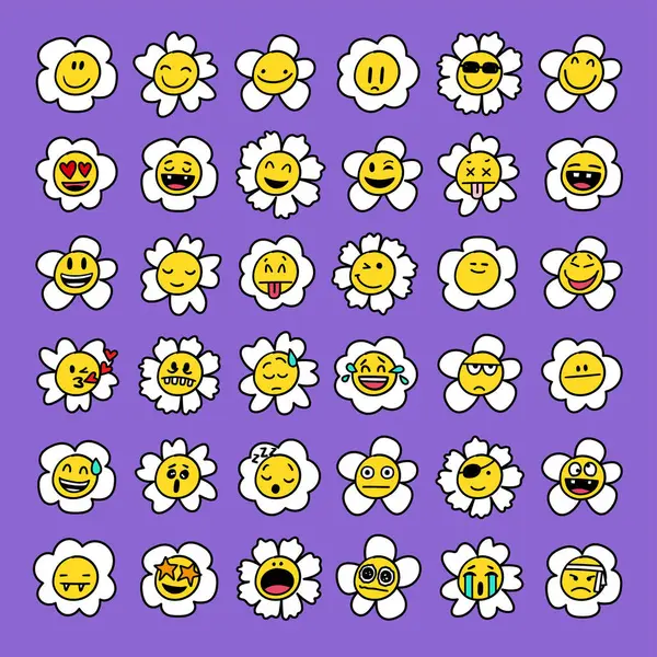 漫画のデイジーな花 フラワーレトロフェイス 笑顔ハッピーカモミールキャラクター かわいい子供たち 花の植物の感情 トレンディな白い花びら 春のオレンジの顔 — ストックベクタ