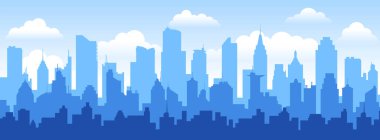 Sabah gökyüzü ve bulutlar hayali bir şehir siluetinin üzerinde. Vektör şehir manzarası illüstrasyonu