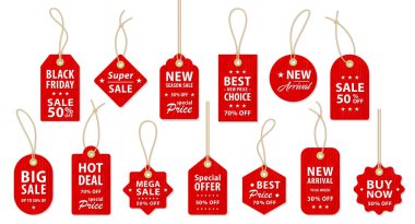 Kırmızı yıldız patlaması, güneş patlaması rozetleri. Basit düz stil vintage etiketler, indirimli metin etiketleri. Satış kalitesi etiketleri ve etiketleri
