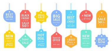 Satış rozetleri. Renkli etiketler ve etiketler. Alışveriş Sancakları ve Rozetler Vektör Şablonları. Özel teklifler için harika, satışlar, indirimler, mağaza, Kara Cuma.