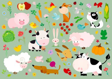 Vector collection of farm animals and birds in trendy flat style, including cow, donkey, sheep, goat, pig