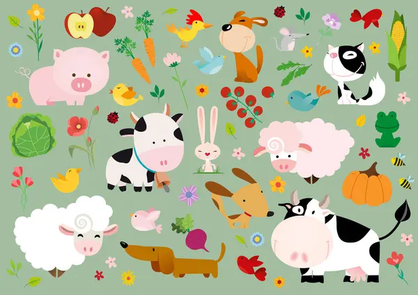 Vector collection of farm animals and birds in trendy flat style, including cow, donkey, sheep, goat, pig