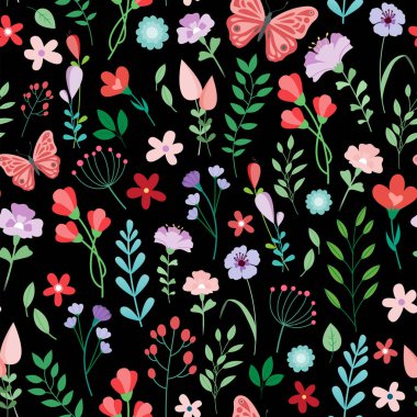 İlkbaharda düğün, yıldönümü, doğum günü, partiler ve paket kağıtları için sevimli kelebeklerle kusursuz bir çiçek deseninin vektör çizimi