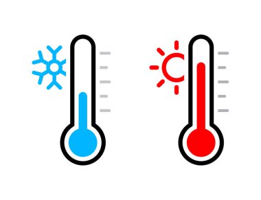 İki termometresi olan sokak termometresi soğuk ve sıcak hava gösteriyor. Hava tahmini, yüksek yaz sıcağı, don ve karı temsil ediyor. Mevsimsel hava durumu illüstrasyonu için düz vektör tasarımı