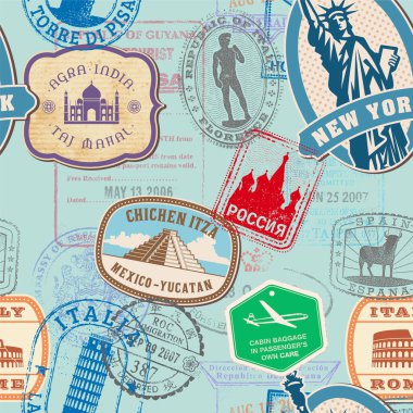 Grunge Stamps ve Etiketli Vektör Kusursuz Desen, dünya çapında bilinen simgeler ve Seyahat Temalı İllüstrasyonlar ve Mavi Vintage Arkaplanda Pasaport Damgaları