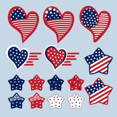Independence Day Clipart Hearts, Flags, Stars. 4th of July Decoration. Clip Art. Vector illustration