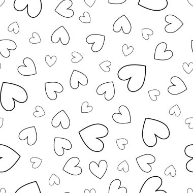 Valentines Day heart motif. Doodle style heart seamless pattern. Black and white line drawing. Valentines repeat decoration. Vector illustration