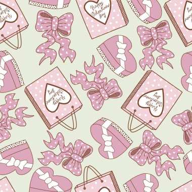 Valentines Day Bow with Heart Motifs. Present, shopping bag and valentines decoration. Seamless Pattern in Pastel Colors. Vector illustration, suitable for textile design, scrap booking, digital