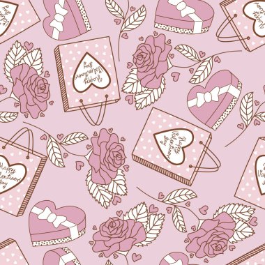 Valentines Day Presents. Flowers and Sweets. Heart motifs and romantic decoration. Seamless Pattern in Pastel Colors. Vector illustration, suitable for textile design, scrap booking, digital scrap