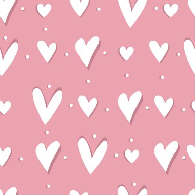 White Pink hand drawn Vector Hearts With Shadow. Seamless pattern. Vector illustration, suitable for textile design, scrap booking, digital scrap booking, DIY projects, surface print, stationery, blog