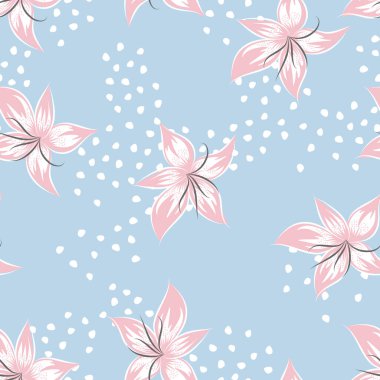 Flowers in pink and white with dots on blue background. Seamless pattern floral design. Vector illustration. Vector illustration, suitable for textile design, scrap booking, digital scrap booking