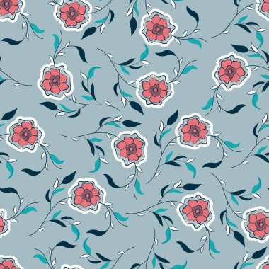 F007 Floral pattern with branch and leaves. Seamless pattern design. Magenta flowers with white and navy details on light blue background. Vector illustration, suitable for textile design, scrap
