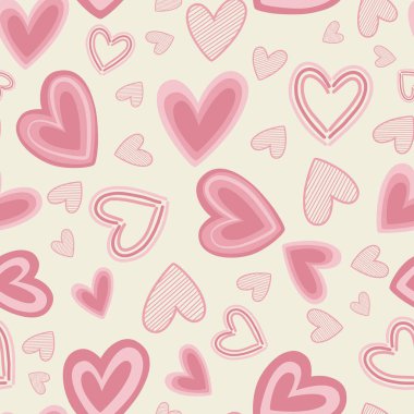 Valentines Day Scattered Doodle Pink Hearts on beige Background. Vector illustration, suitable for textile design, scrap booking, digital scrap booking, DIY projects, surface print, stationery, blog