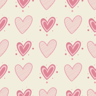 Valentines Day Doodle Pink Hearts with stripes and dots on white Background. Vector illustration, suitable for textile design, scrap booking, digital scrap booking, DIY projects, surface print