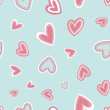 Valentines Day Doodle Pink Hearts on light blue Background. Vector illustration, suitable for textile design, scrap booking, digital scrap booking, DIY projects, surface print, stationery, blog