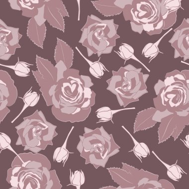 Yaprak ve Tomurcuklu Allık ve Pembe Güller. Karanlık Leylak Arkaplan 'da tek renkli çiçekler. Vektör Kusursuz Desen. Vektör illüstrasyonu