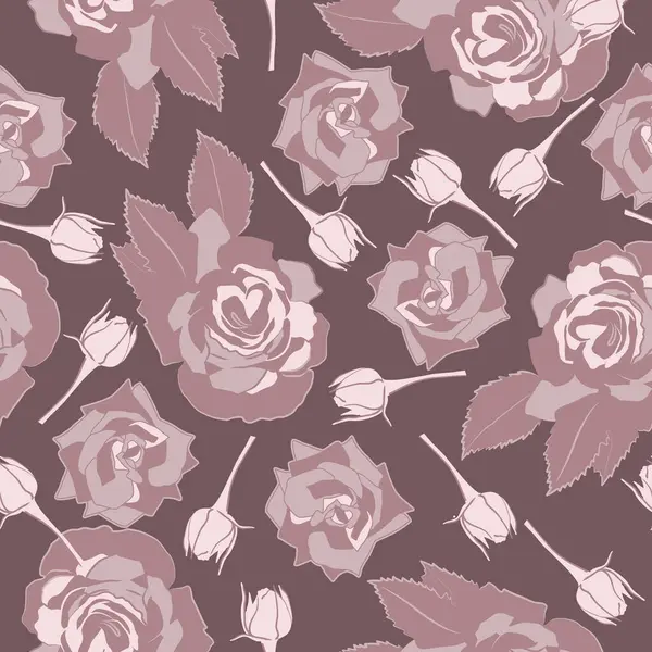 Yaprak ve Tomurcuklu Allık ve Pembe Güller. Karanlık Leylak Arkaplan 'da tek renkli çiçekler. Vektör Kusursuz Desen. Vektör illüstrasyonu