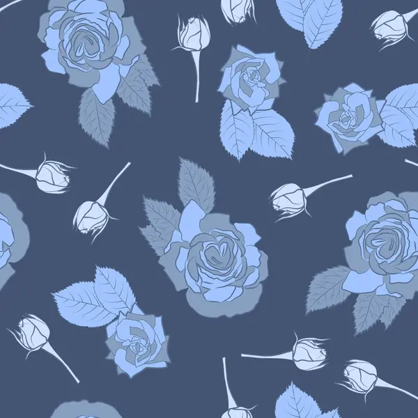 Yapraklı ve Tomurcuklu Mavi Güller. Mavi Arkaplanda Tek Renkli Çiçekler. Vektörsüz Desen. 