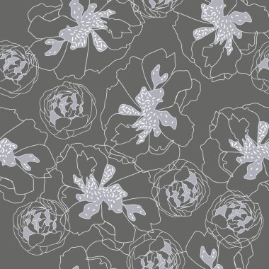 Yaprakları ve Tomurcukları olan Altın Şakayıklar. Mavi Arkaplanda Altın Çiçekler. Vektör Kusursuz Desen. Vektör illüstrasyonu