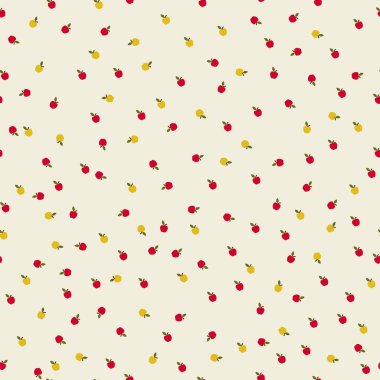 Tarafsız Bej Arkaplanda Küçük Kırmızı ve Sarı Elmalar Atıldı. Kusursuz Desen Tasarımı. Vektör illüstrasyonu