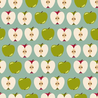 Mavi arka planda yeşil, kırmızı ve sarı elmalar ve elma yarıları. Kusursuz Desen Tasarımı. Vektör illüstrasyonu